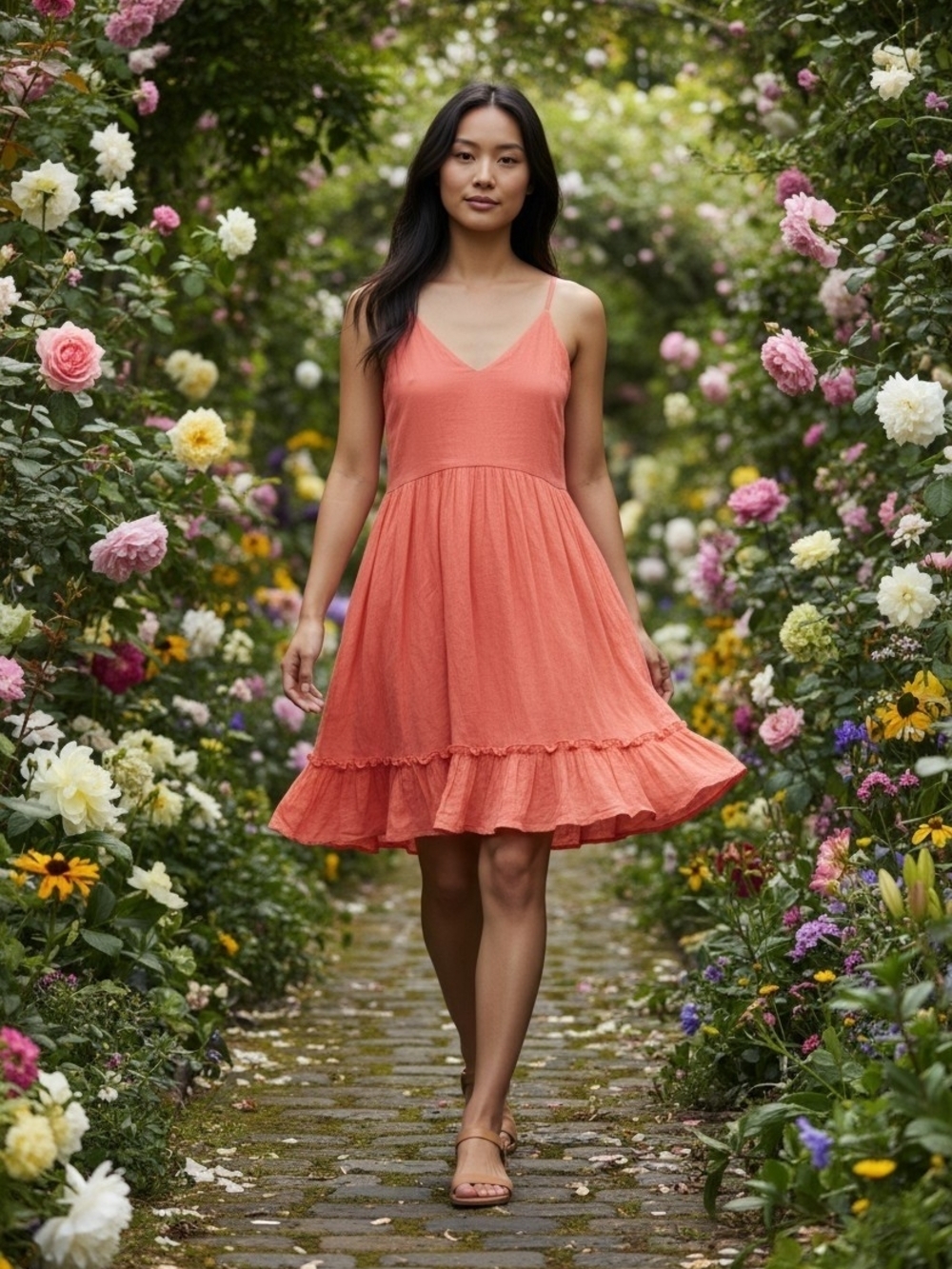 New In Women's Coral Boho Flowy Lightweight V-Neck Ruffled Sundress Large